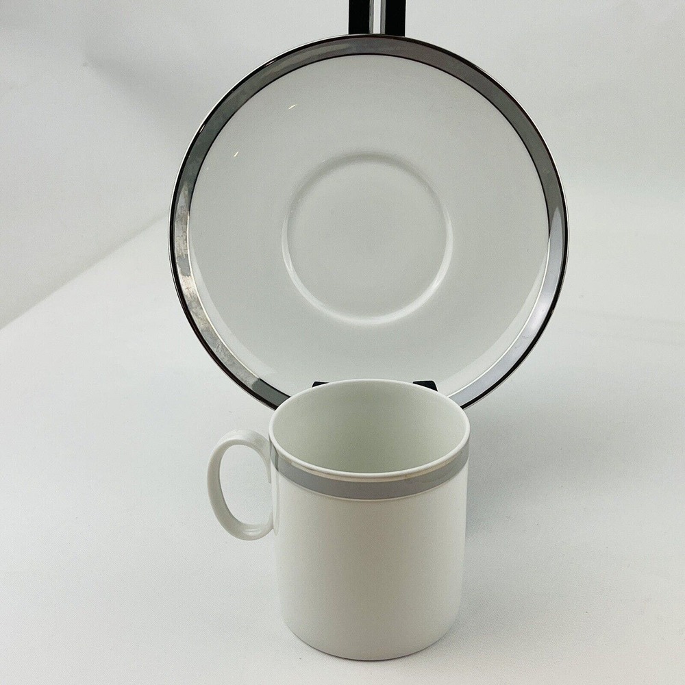 Vintage Thomas Flat Cup & Saucer Set 3" Gray‎ Platinum Band & Trim THO194 - Picture 3 of 9